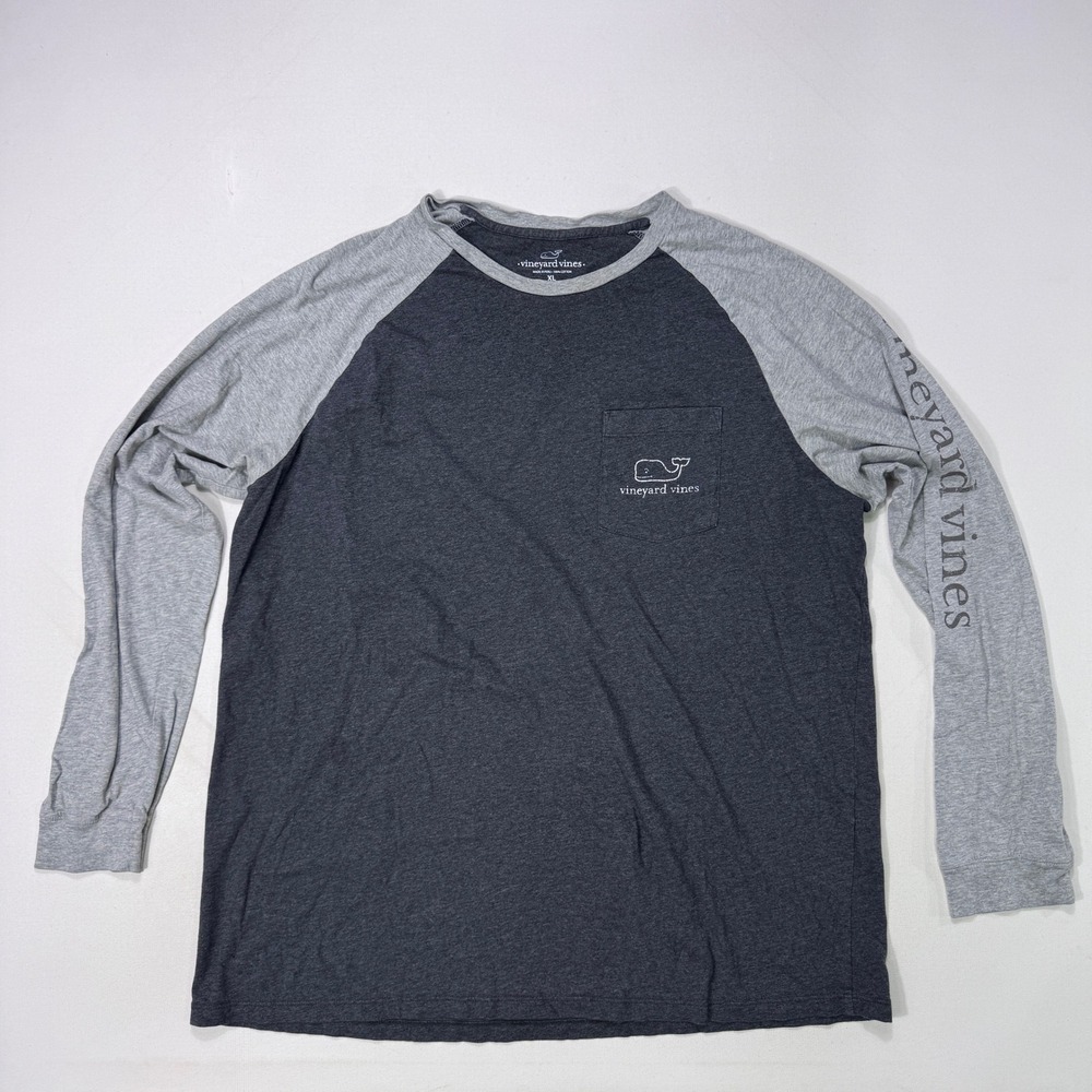 Vineyard Vines Mens XL Gray Raglan Baseball T-Shirt Pocket Whale Graphic Cotton